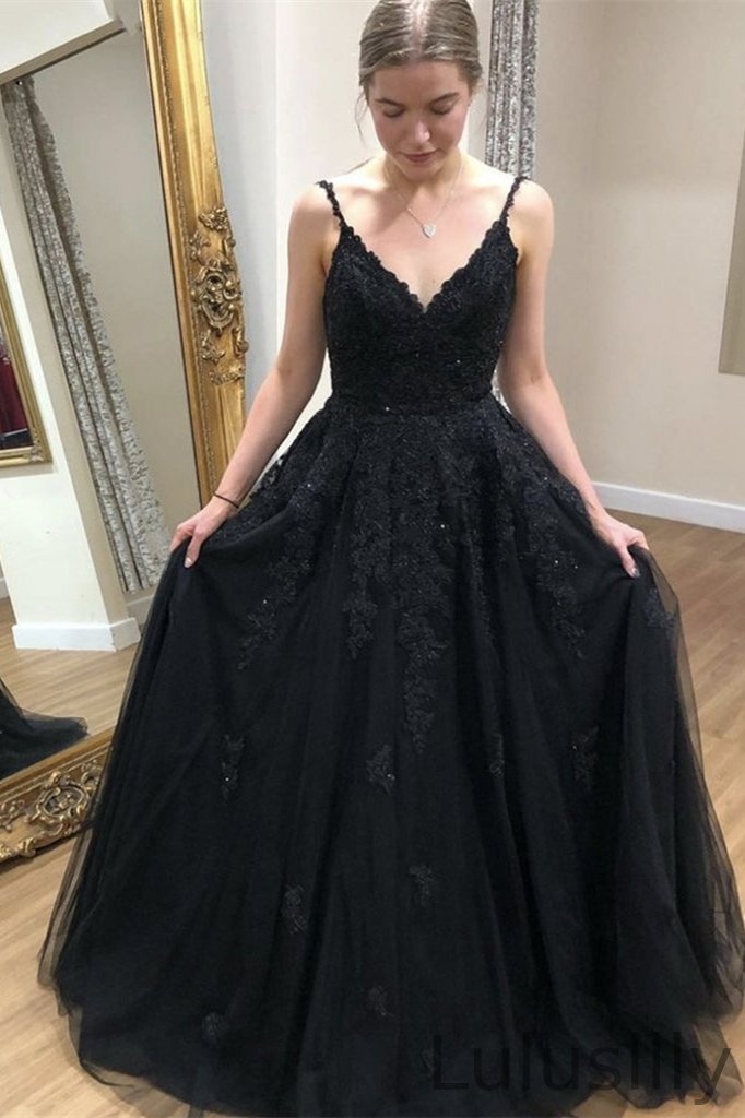 Fabulous Black Spaghetti-Straps Prom Dress Long With Appliques - lulusllly