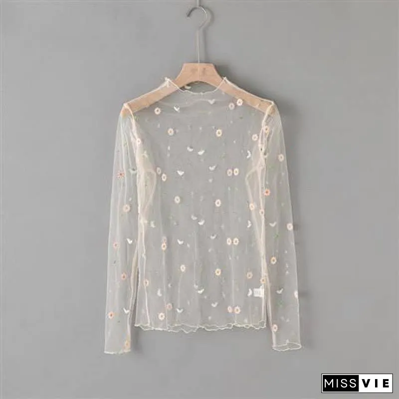 Mesh flower pattern long sleeve top