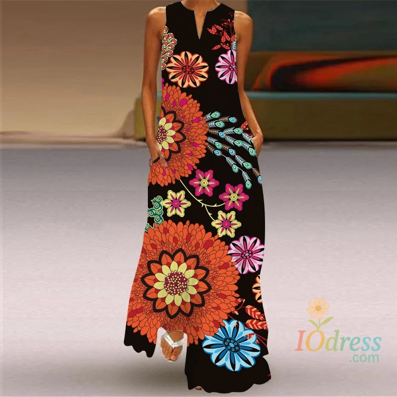 IO Dress Fashion Elegant Fresh Butterfly Flower Print Sleeveless Dress Summer Hollow Out V-neck Elegant Loose Casual Beach Dress Robe