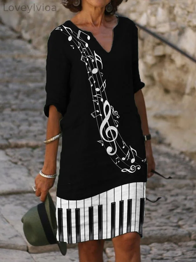 Women's musical note and piano keys print shift dress