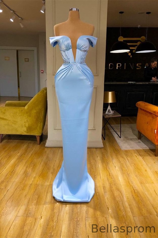 Bellasprom Sky Blue Mermaid Evening Dress Long With Beads Off-the-Shoulder Bellasprom