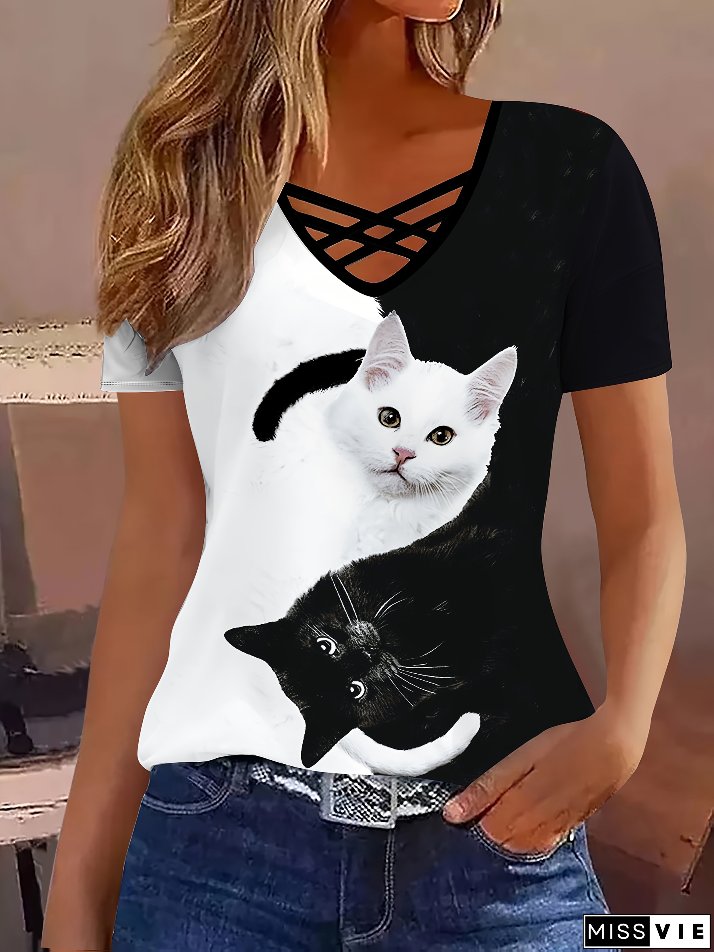 Women's Stylish Black & White Cat Print V-Neck T-Shirt With Cross Strap Detail - Short Sleeve Casual Top For Casual Attire, Allseason Top|Playful Print Top| Construction