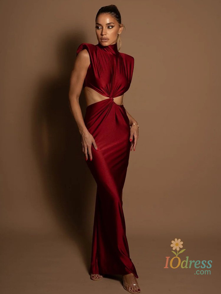 IO Dress Mozision Hollow Out Turtleneck Sexy Maxi Dress For Women Fashion Solid Sleeveless Bodycon Tank Dresses Femme Club Party Dress