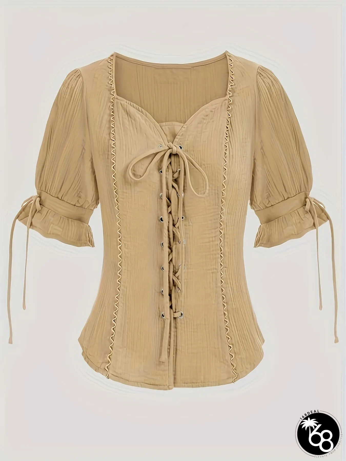 Womens Plus Size Beige Corset Top with Lace-up Front Ruched Detail Square Neck Short | 168DEAL