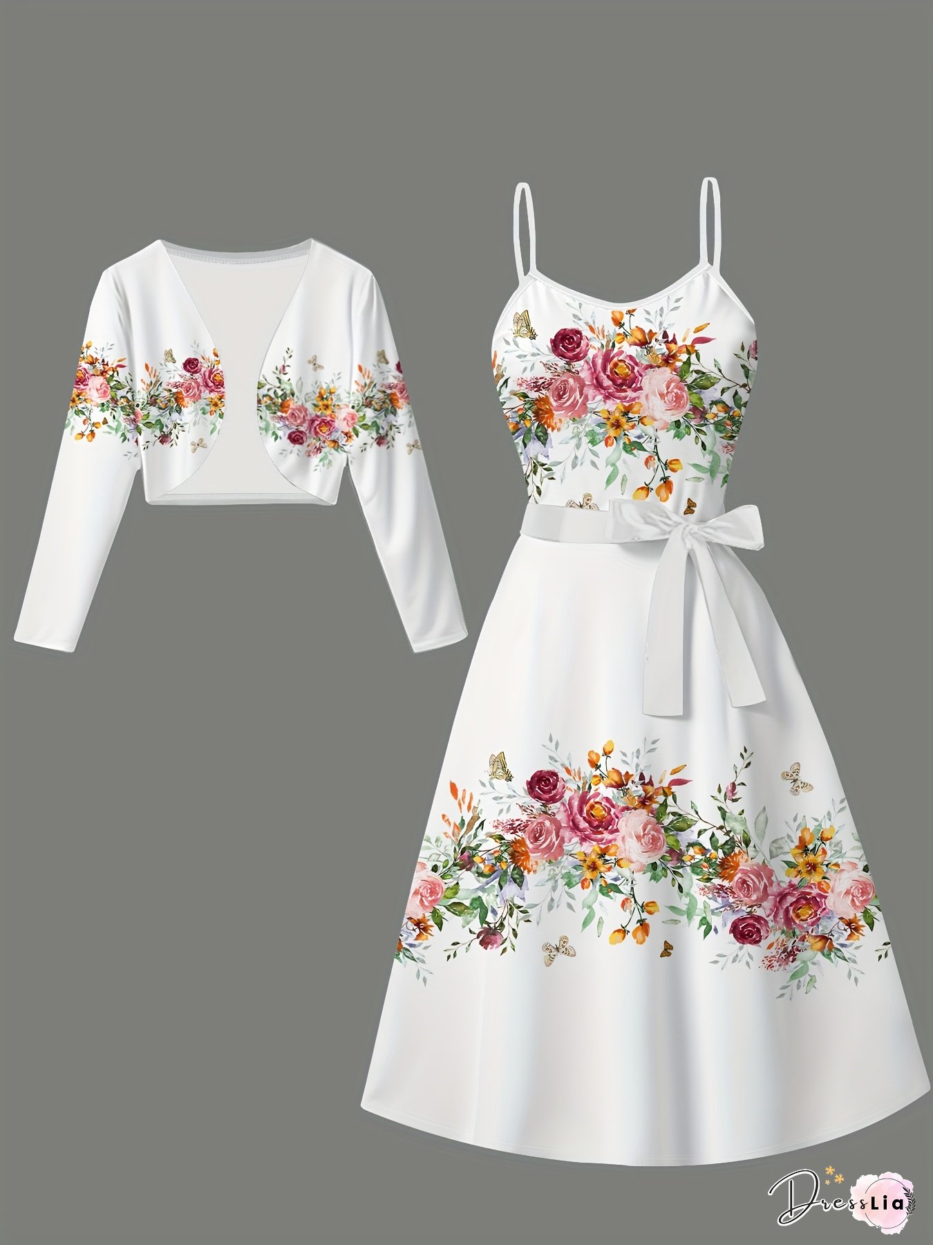 Elegant Womens Long Sleeve Cropped Belt Cami Dress with Vibrant White Colorful Flowers