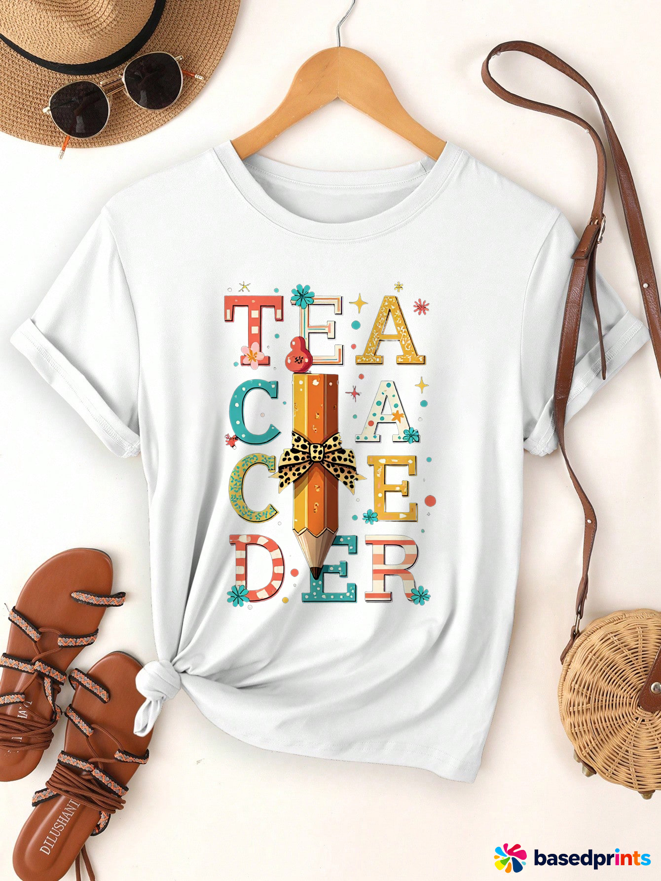 Colorful Pencil Teacher T-Shirt Women Casual Summer Tee Tops