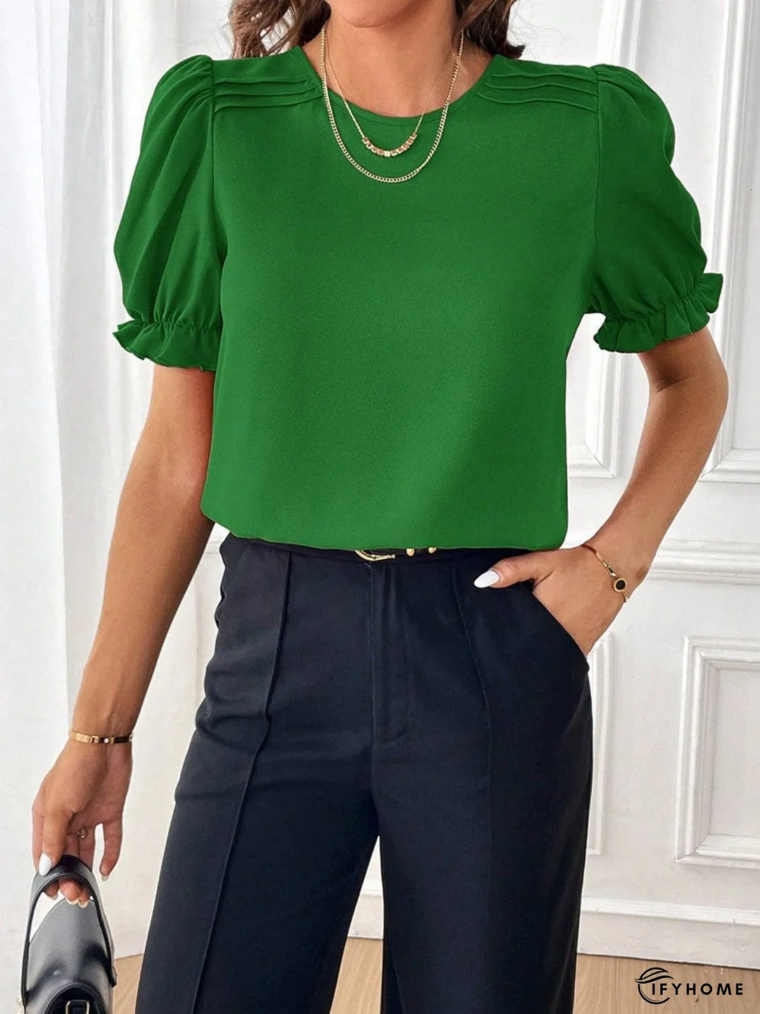 Round Neck Flounce Sleeve Blouse | IFYHOME