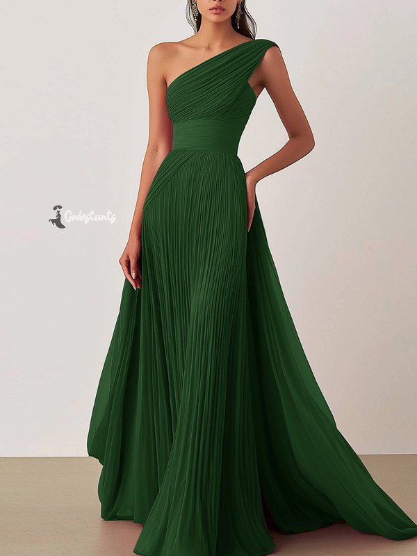 Prom Formal Pleated Dress Rose Color One-Shoulder Floor-Length Dress