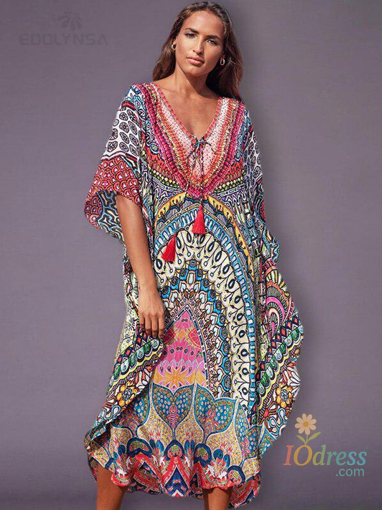 IO Dress 2025 Quick-drying Bohemian Printed Loose Summer Beach Dress Moroccan Kaftan Women Plus Size Beachwear Tassel Midi Dress Q897 IO Dress Store