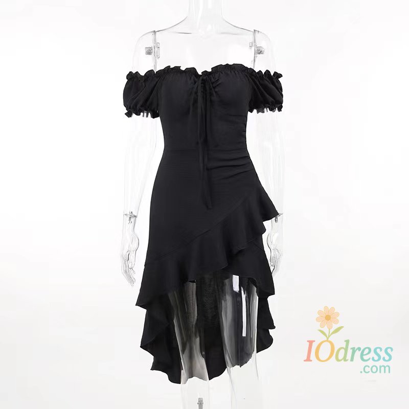 IO Dress Summer Black A-LINE Dress Women Streetwear Sexy Off Shoulder Short Sleeves Ruffled Mid Length Dresses Club Elegant Partywear IO Dress