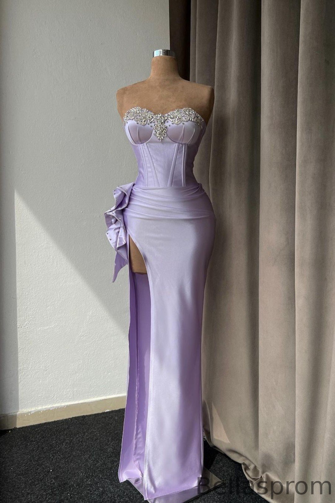 Bellasprom Lilac Sweetheart Sleeveless Mermaid Prom Dress With Split Crystals Beads Bellasprom