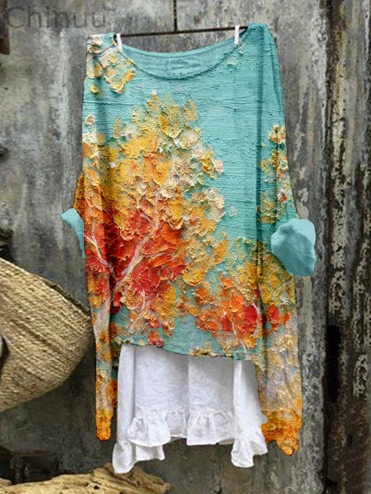 Oil Painting Trees Art Linen Blend Flowy Tunic