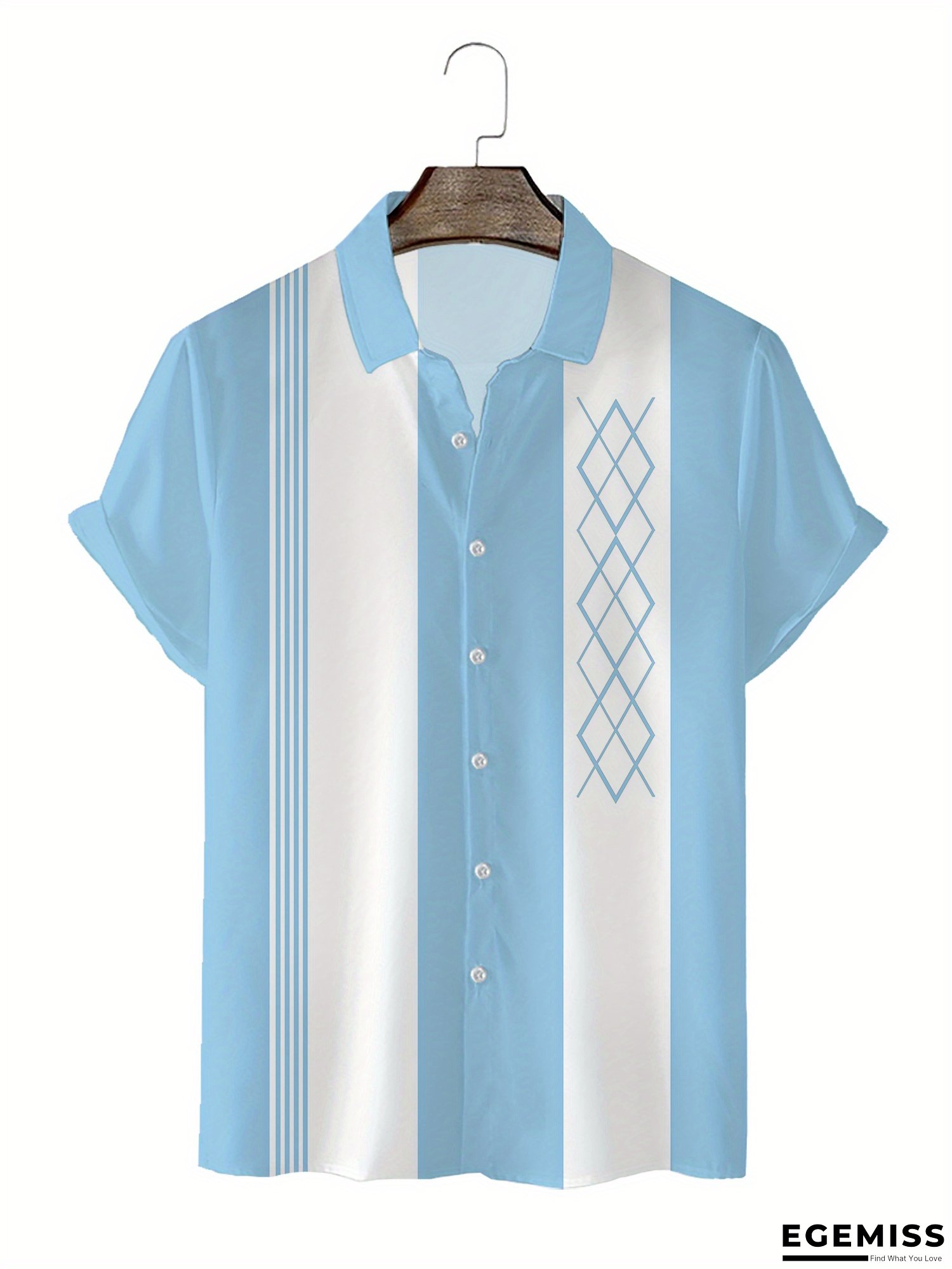 Men's Light Blue & White Horizontal Stripe Button- Shirt - Regular Fit Short Sleeve Non-Stretch Beach Shirt, Machine Washable Formal Casual Everyday Top for Summer Outfits, Vacation Attire, Retro Fashion, Lightweight Material, Striped Blouse | EGEMISS