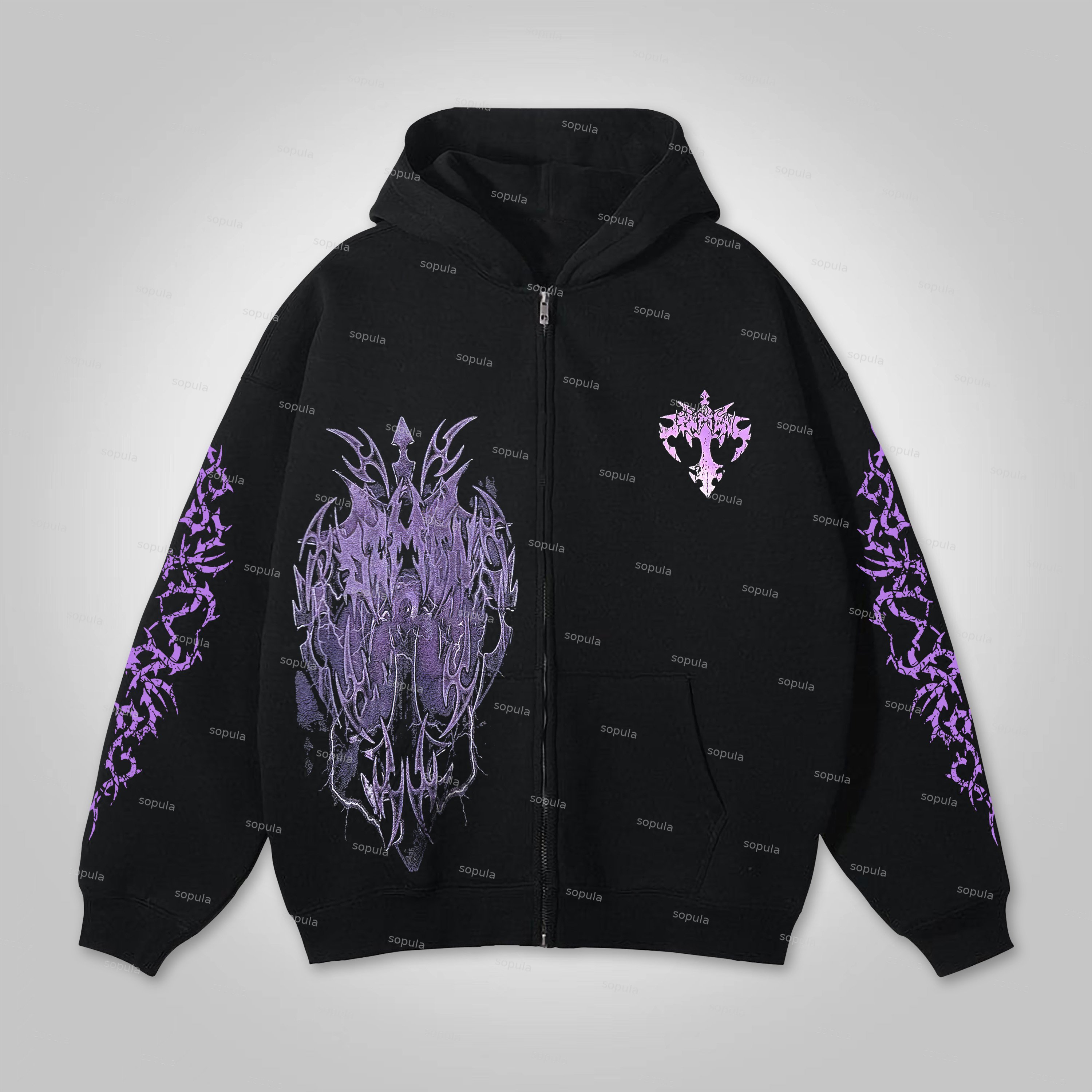 Sopula Cross Print Graphic Loose Velvet Pocket Zip Hoodie