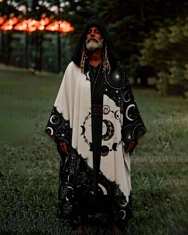 Men's Summer Fashion Hippie Style Star and Moon Embroidered Linen Cardigan Hooded Cape  1313