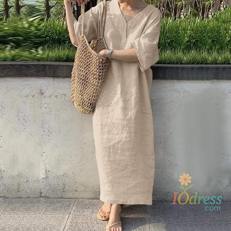 IO Dress Casual Solid Color Cotton Linen Long Dresses Women Loose Short Sleeves V-neck Vintage Simple Style Lady Maxi Dress Summer New IO Dress
