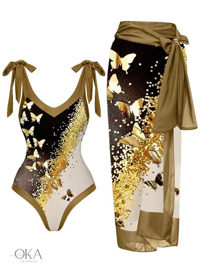 V-Neck Colorblock Butterfly print One Piece Swimsuits and Cover Ups