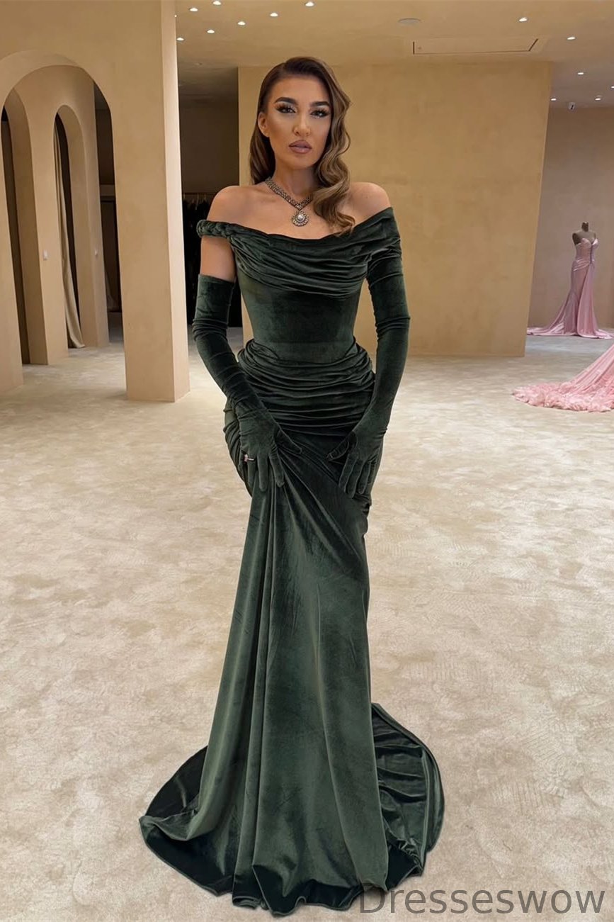 Dresseswow Velvet Off-the-Shoulder Mermaid Prom Gown With Gloves Online