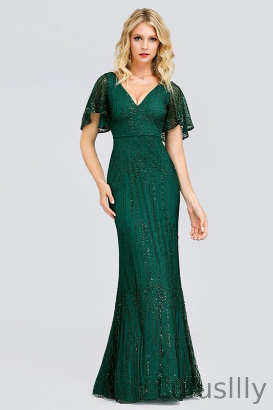 Glamorous Green Short Sleeve Prom Dress Long Mermaid Evening Gowns With Beadings - lulusllly