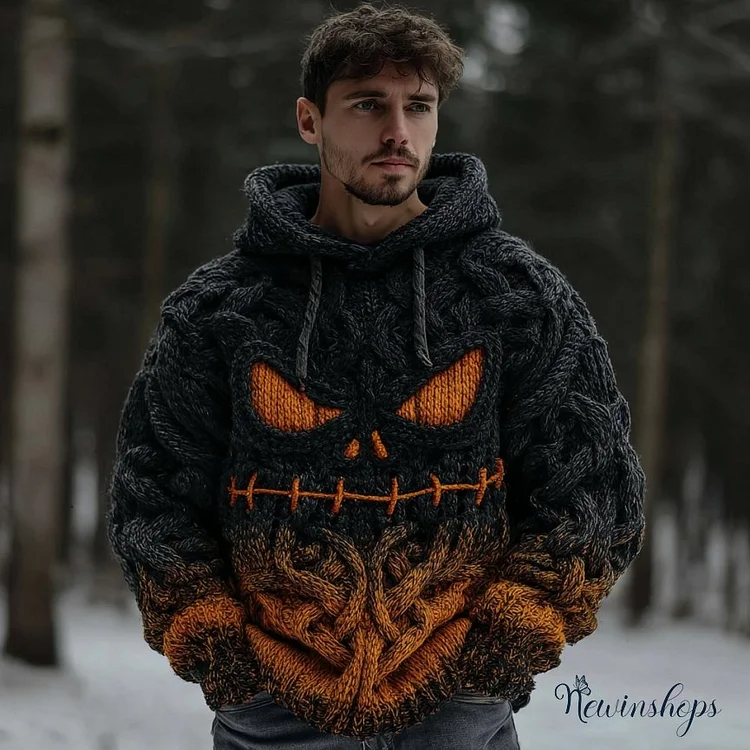 Men's Halloween Spooky Face Gradient Inspired Knitted Cozy Hooded Sweater