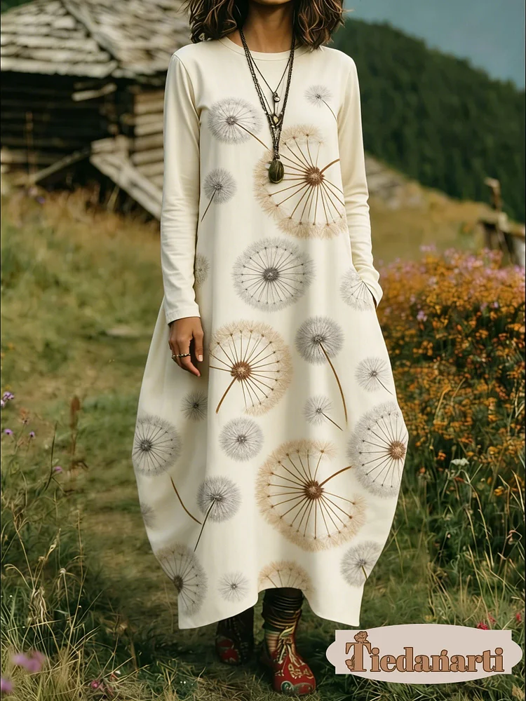 Women's Floral Print Crew Neck Long Sleeve Cotton Pocket Dress