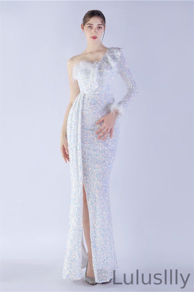 Modern One Shoulder Long Sleeves Evening Dress Sequins Mermaid With Feather - lulusllly