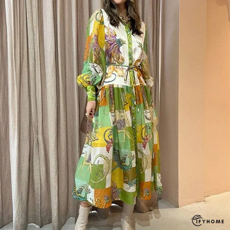 Lantern Sleeve Printed Cinched Waist Long Sleeve Dress | IFYHOME