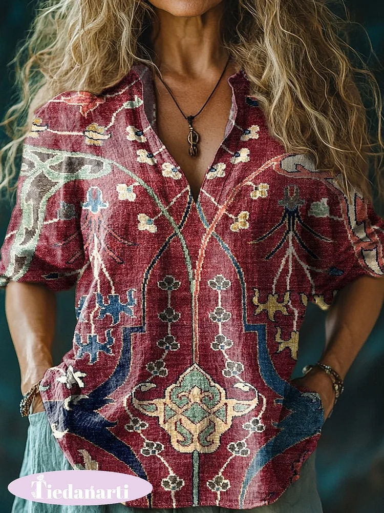 Women's Retro Bohemia Style Print Casual Linen V-neck Shirt