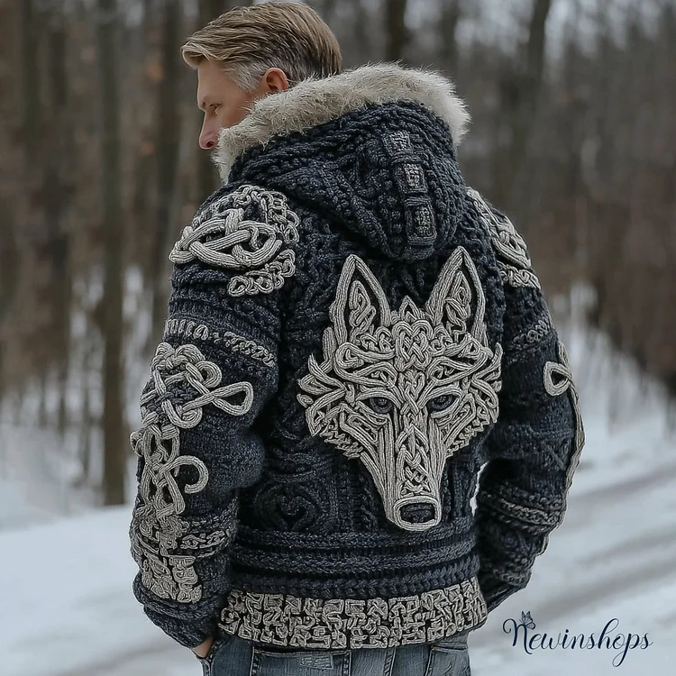 Men's Retro Viking Wolf Jacquard Hooded Knit Sweater Jacket