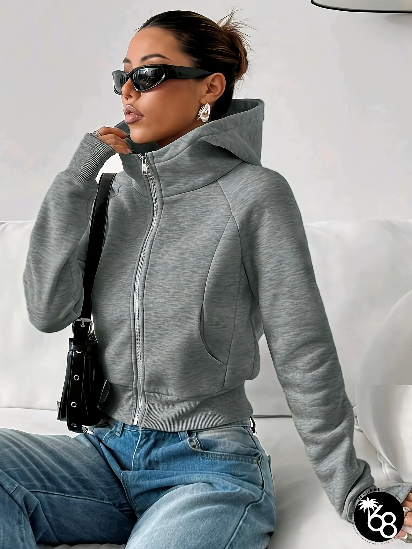 European & American Fashion Womens Solid Color Zip-Up High Neck Hooded Jacket with Pockets | 168DEAL