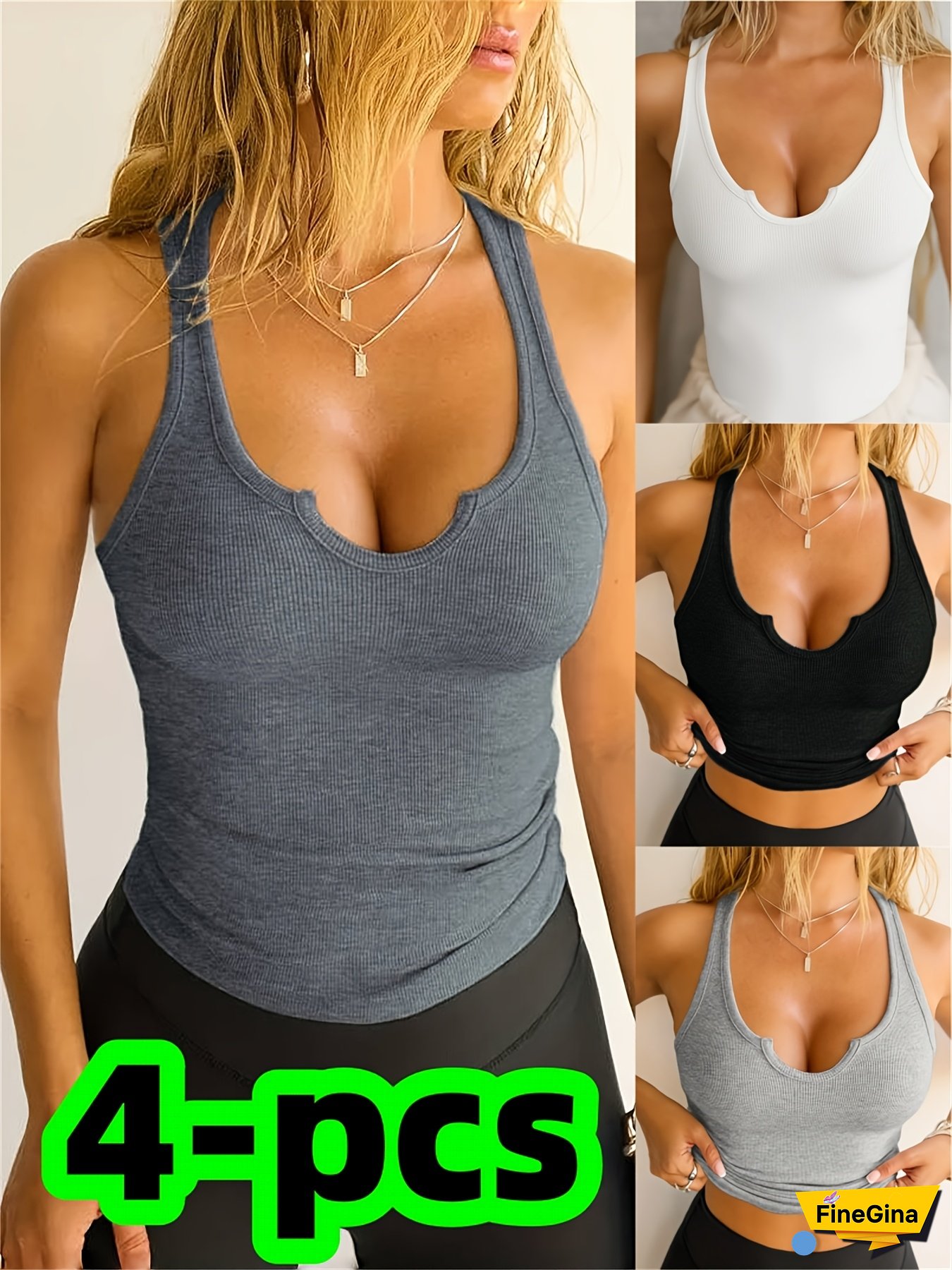 4pcs Set of High-Cut Advanced Thread Breathable Sleeveless Back-Enhancing Tops for Spring, Summer, Autumn, and Winter: Thin Streetwear Low Neckline Sports Crop Top with Spaghetti Straps, Fashionable Sexy Versatile Solid Color Inner Layering Outer Wear