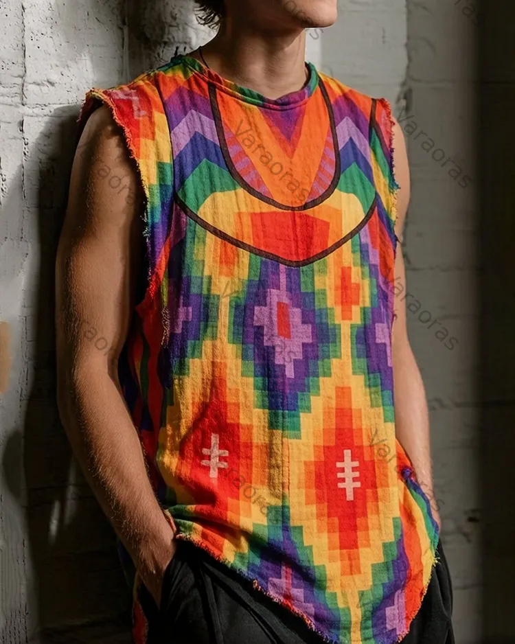 Men's Music Festival-Themed Colorful Diamond-Print Sleeveless Top 2505