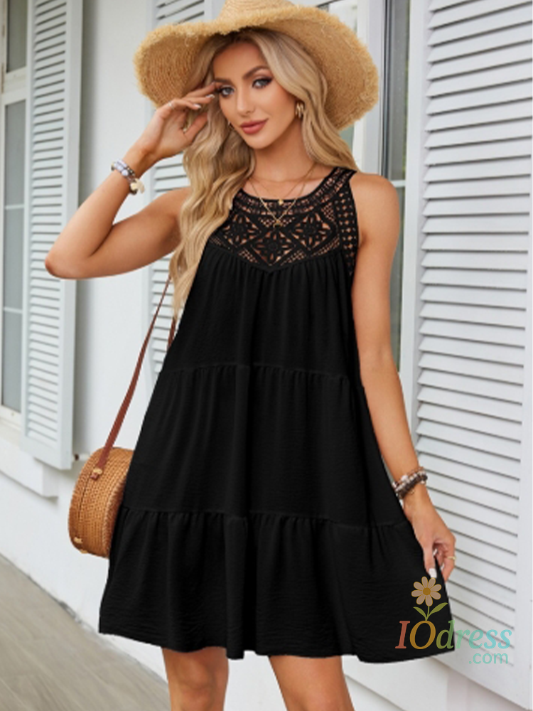 IO Dress Round Neck Casual Short Sleeved Solid Color Lace Hollow Out Women's Dress Fashionable Street Fresh Sweet Style Summer Dress IO Dress
