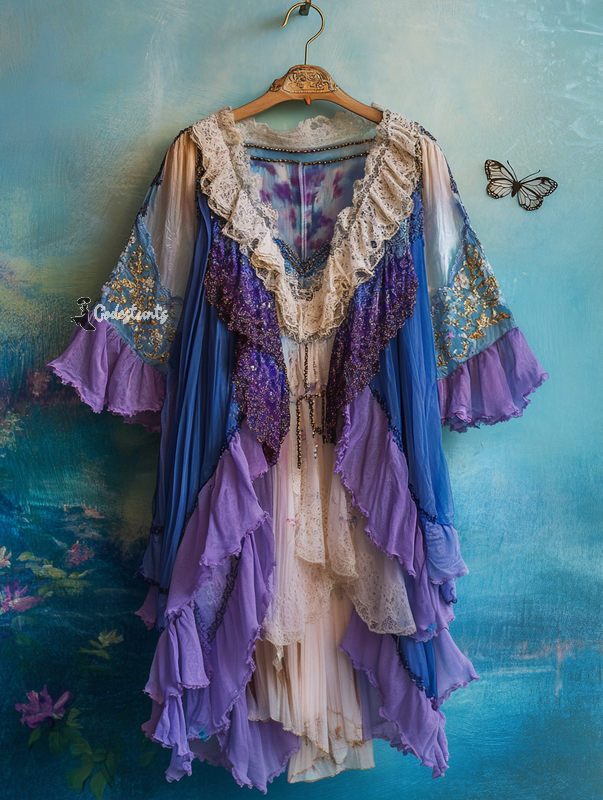 Summer Vacation Ruffle Lace Contrast Color Dress 315d