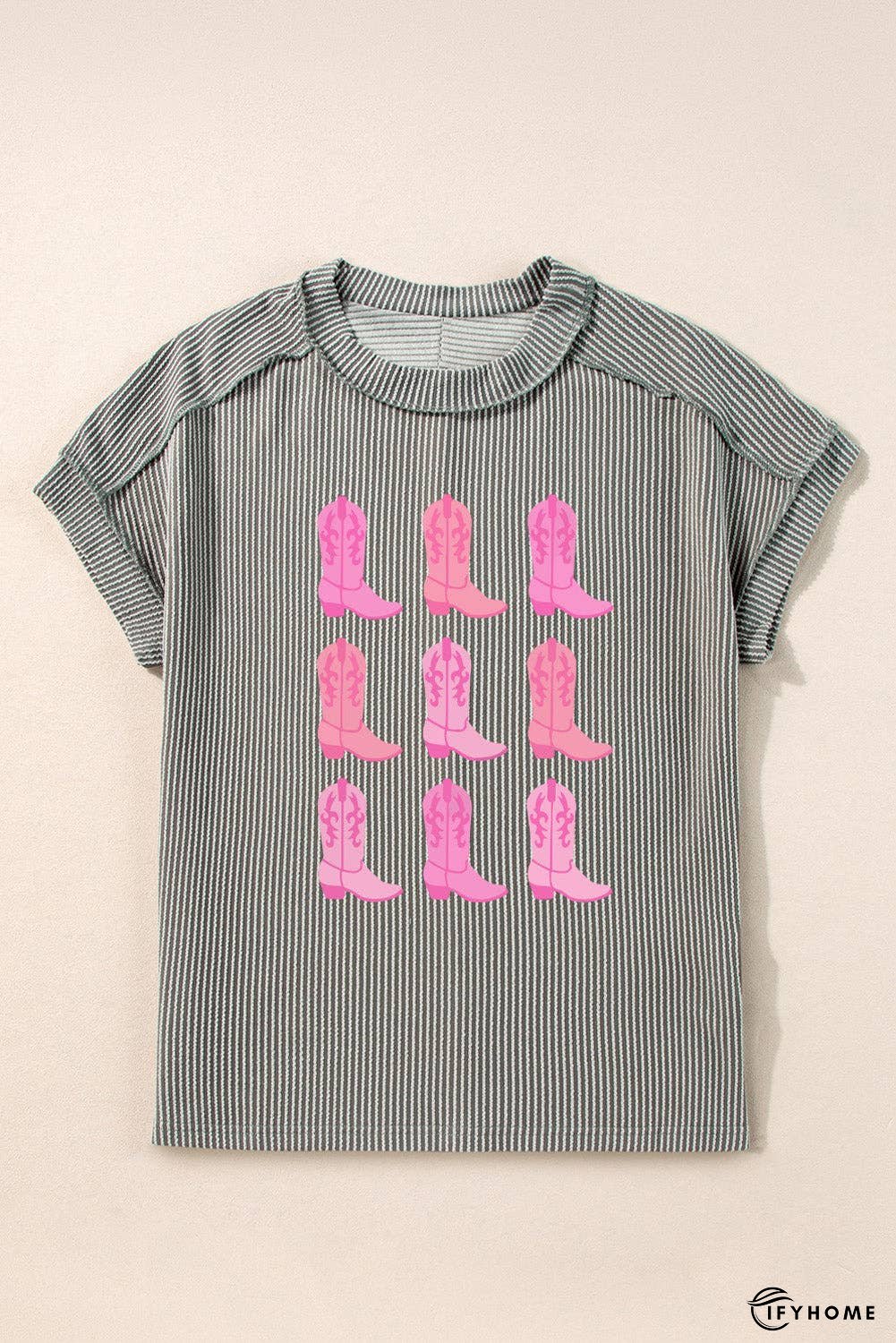 Boots Graphic Striped Round Neck Short Sleeve T-Shirt | IFYHOME