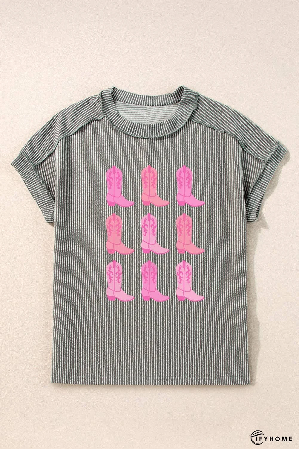 Boots Graphic Striped Round Neck Short Sleeve T-Shirt | IFYHOME