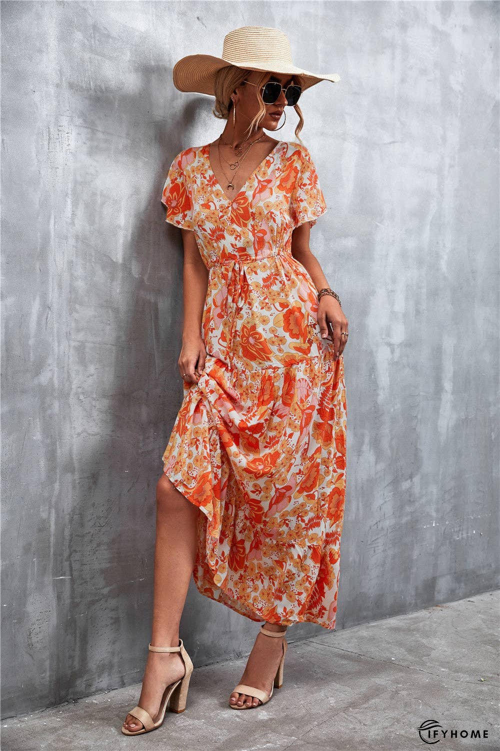 Floral Buttoned Drawstring Waist Tiered Dress | IFYHOME