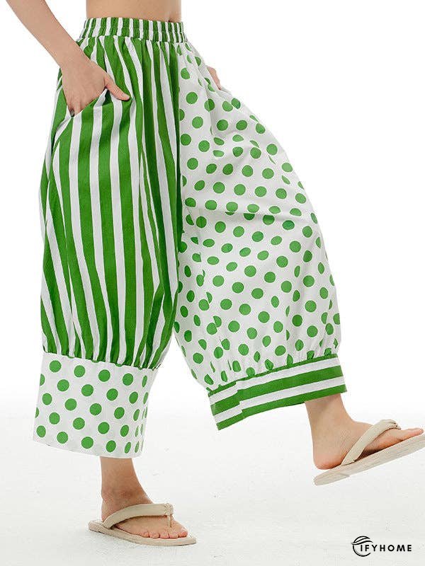 Loose Wide Leg Contrast Color Elasticity Polka-Dot Split-Joint Striped Cropped Trousers Pants | IFYHOME
