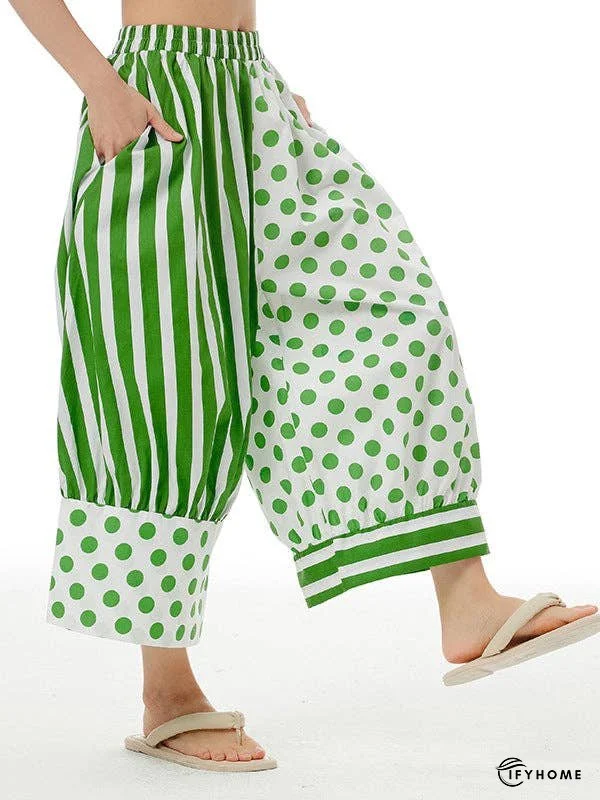 Loose Wide Leg Contrast Color Elasticity Polka-Dot Split-Joint Striped Cropped Trousers Pants | IFYHOME