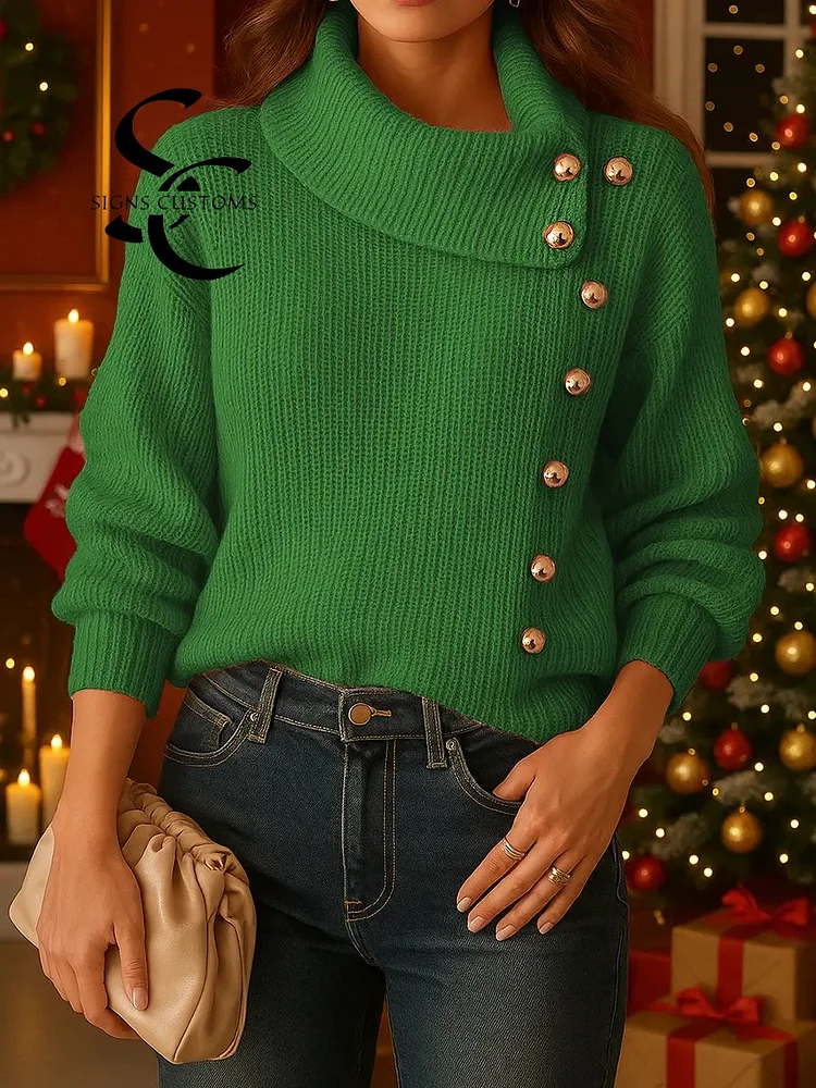 Women's Solid Color Collared Long-sleeved Casual Loose Knit Sweater