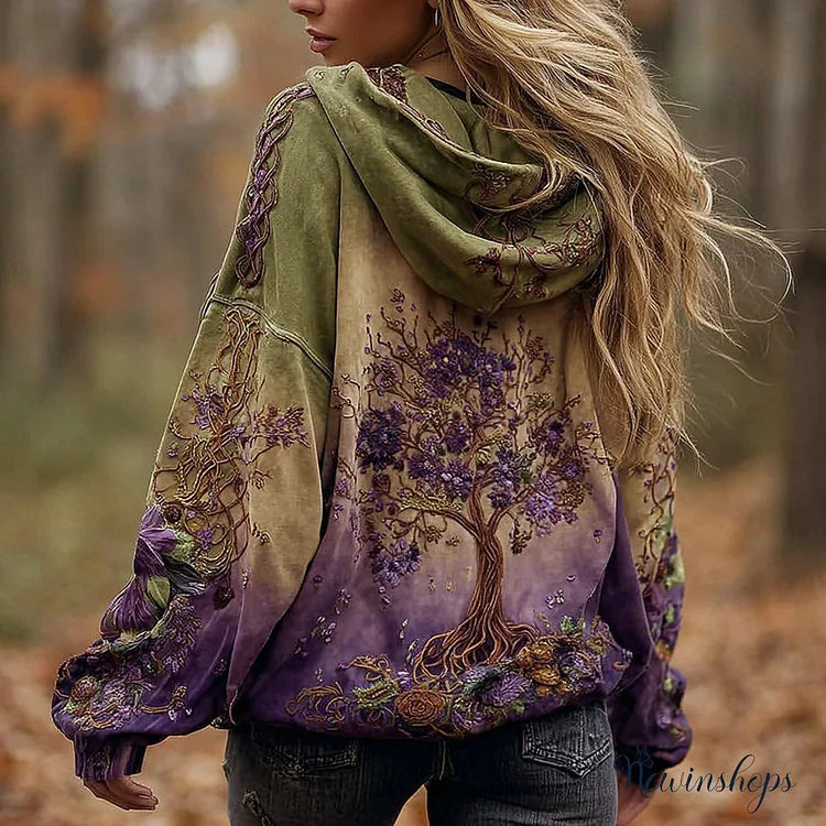 Women's Vintage Viking Tree Of Life Art Gradient Comfort Hoodie