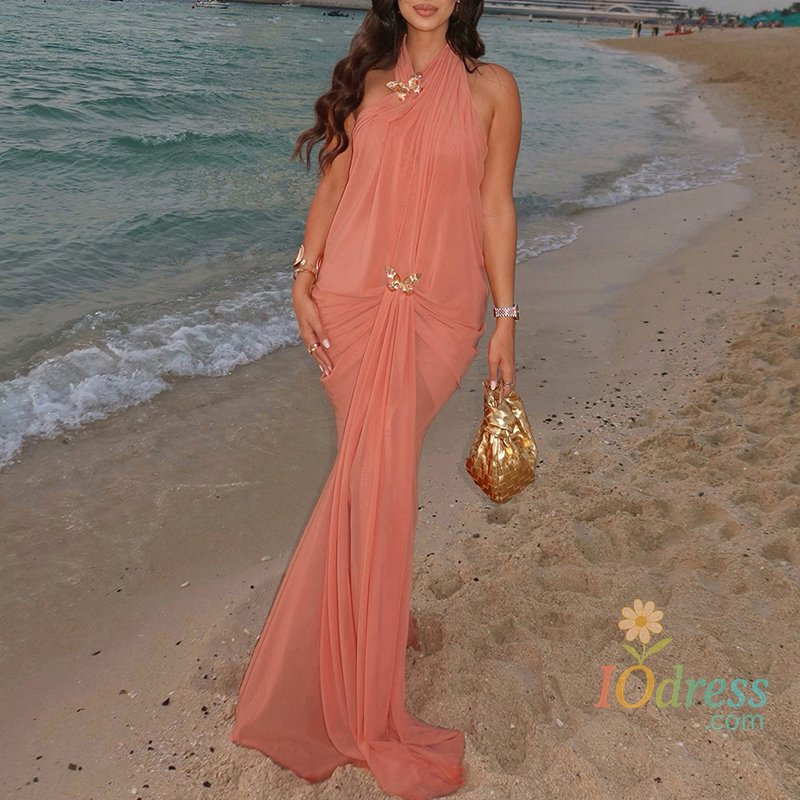 IO Dress Fashion Backless Women Summer Dress Mesh Wrap Solid Color Evening Dress Sexy Ladies Halter Neck Sleeveless Hollow Out Long Dress IO Dress