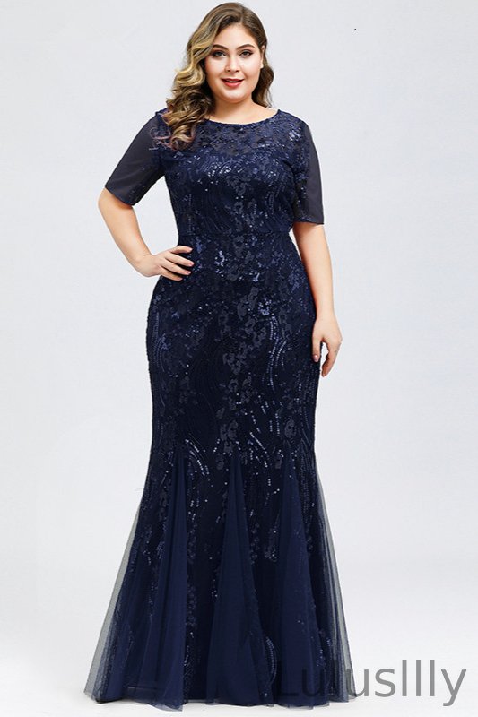 Elegant Short Sleeve Sequins Mermaid Plus Size Evening Prom Dress Online - lulusllly