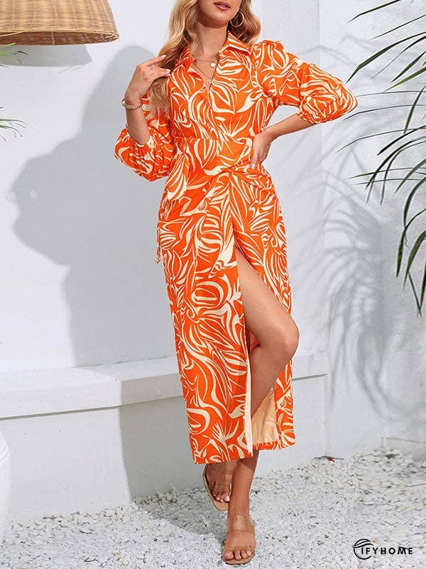 A-Line High Waisted Elasticity Printed Tied Waist Lapel Midi Dresses Shirt Dress | IFYHOME