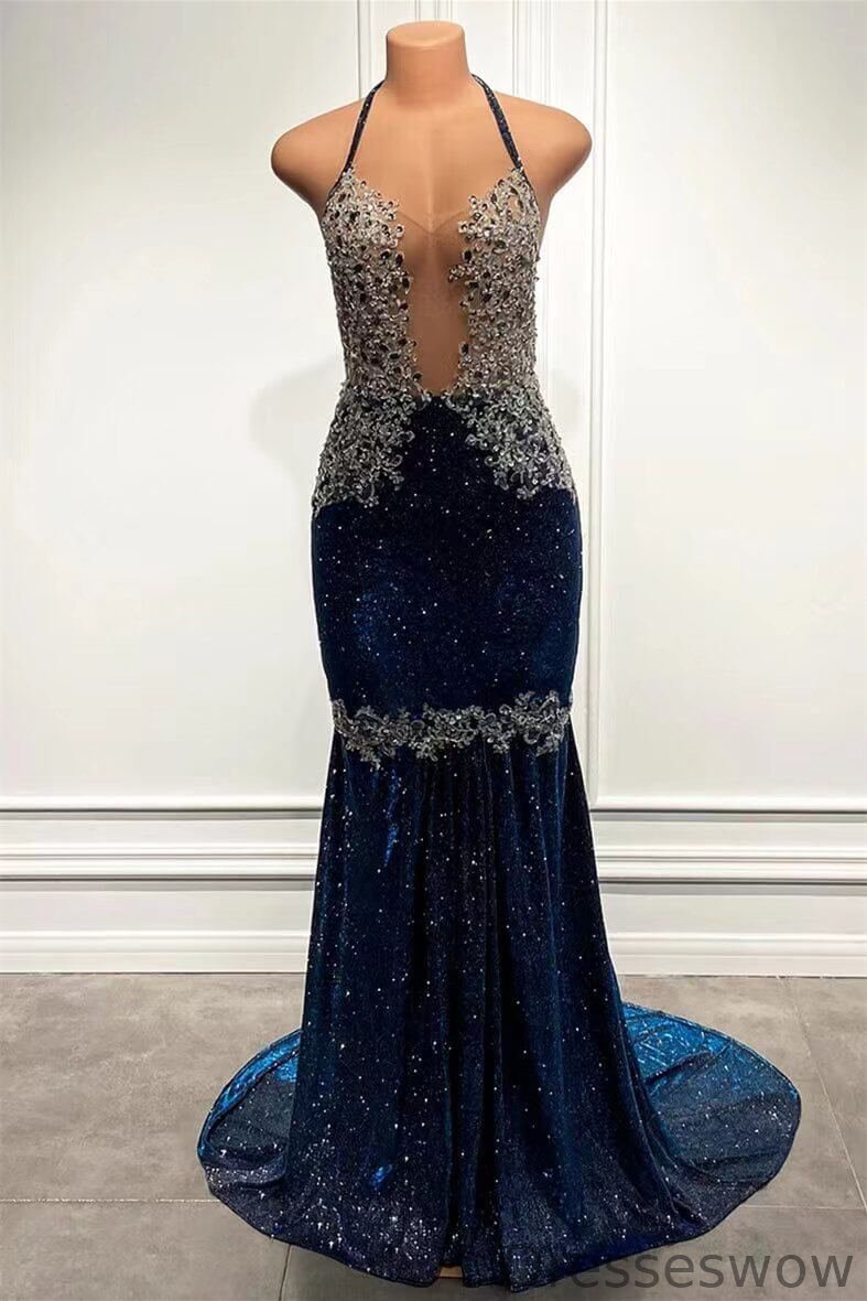 Dresseswow Royal Blue Halter Sleeveless Sweetheart Mermaid Evening Gowns With Appliques Beads
