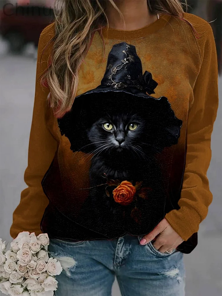 Women's Witch Black Cat Print Sweatshirt