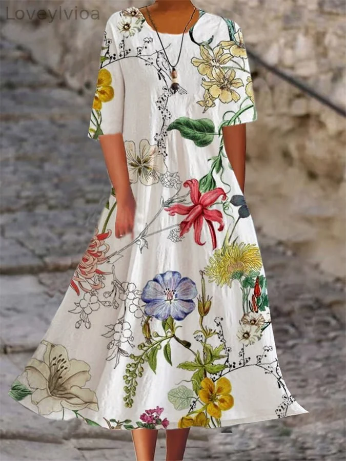 Ladies Botanical Floral Design Casual Loose Dress