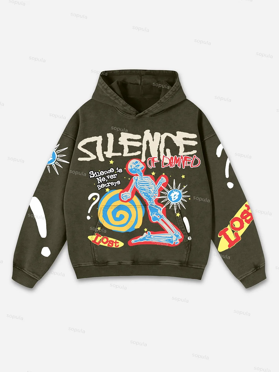Retro Silence Of Damned Skull Oversized Graphic Acid Wash Hoodie
