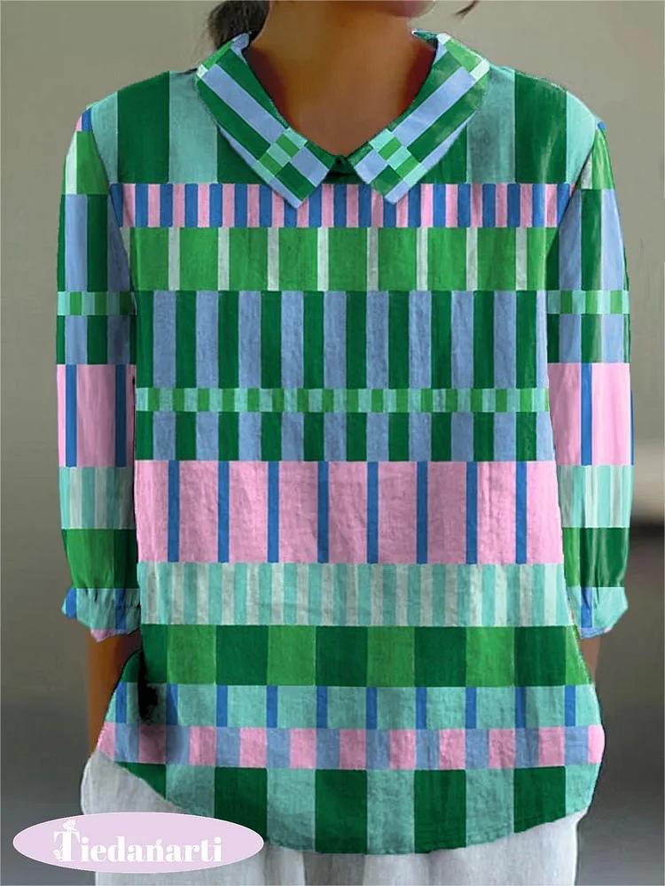 Colorful Summer Geometric Pattern Printed Women's Casual Cotton And Linen 3/4 Sleeve Shirt