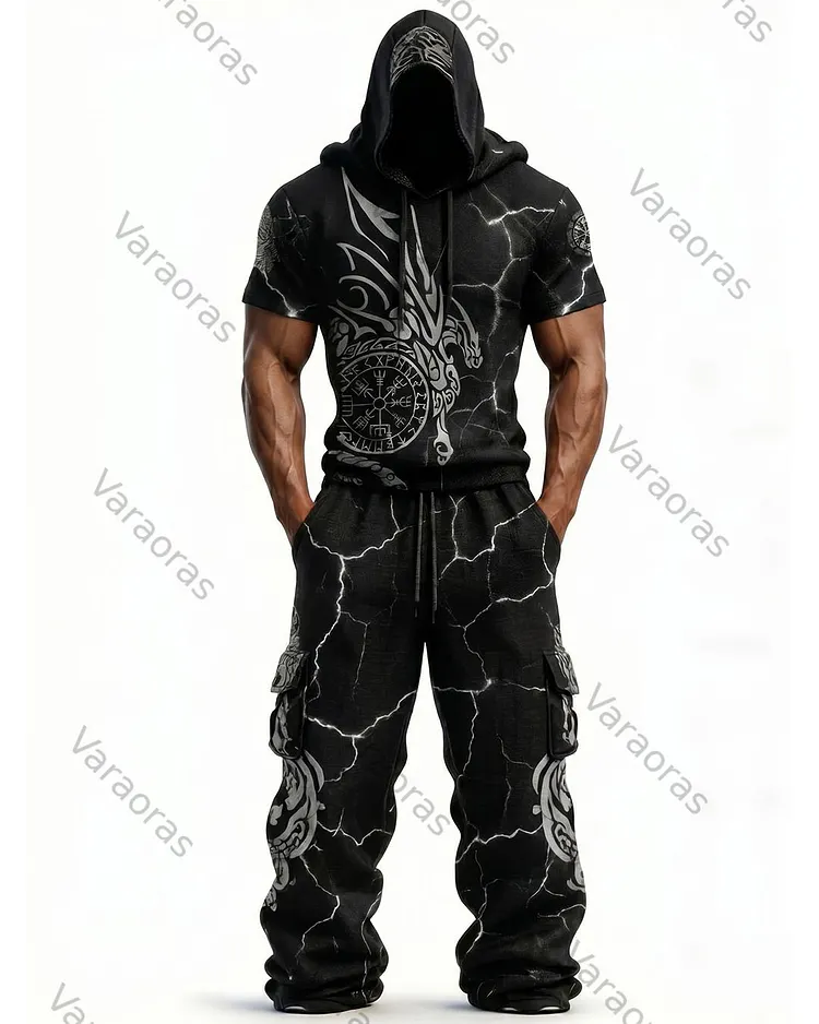 Men's Fashion Viking Contrast Color Embroidered Hoodie & Pants Two-Piece Set 5110
